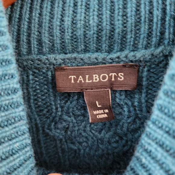 Talbots Cotton Angora Dark Teal Cable Knit Fisherman Sweater with Button Detail - Picture 4 of 10
